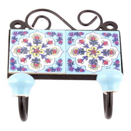 Turquoise White Floral Ceramic Tiles Hooks Online